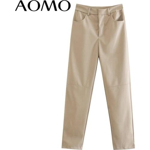 AOMO 2021 Women Beige Faux Leather Suit Pants High Waist Pants Pockets Office Ladies Pu Leather Trousers JE176A