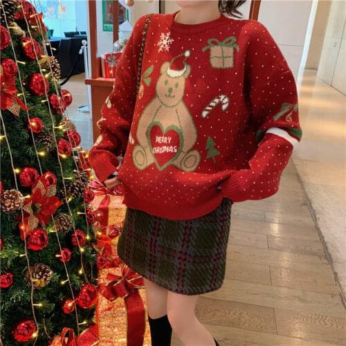 Woman Sweaters Chandails Little Bear Cartoon Christmas Red Sweater Womens Autumn and Winter Loose Pullover Knitwear