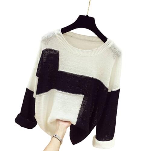 Spring And Autumn Knitwear Womens Style Splicing Thin Long Sleeve Loose Round Neck Hollow Sweater Simple Top Vestidos De Muje