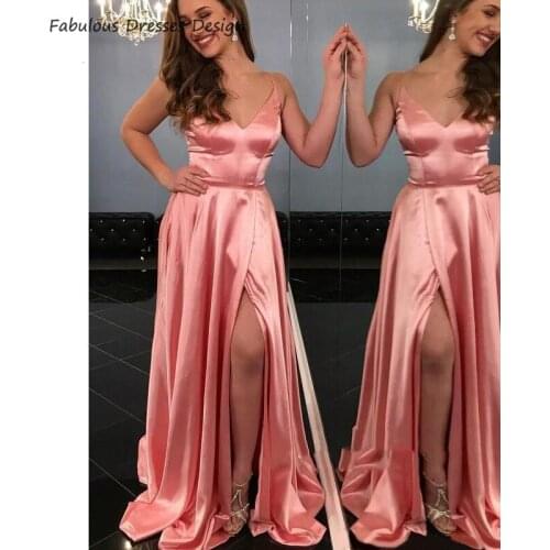 2020 Sweep Train Long Prom Dresses Sexy V Neck Backless Slit A Line Vestidos Spaghetti Strap Chic Evening Dress Party For Women