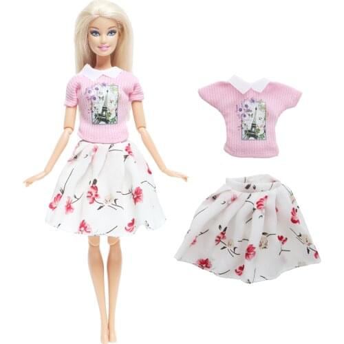 BJDBUS 1 Doll Dress Fashion Pink Shirt Flower Eiffel Tower Pattern White Skirt Cute Clothes for Barbie Doll Accessories DIY Toys