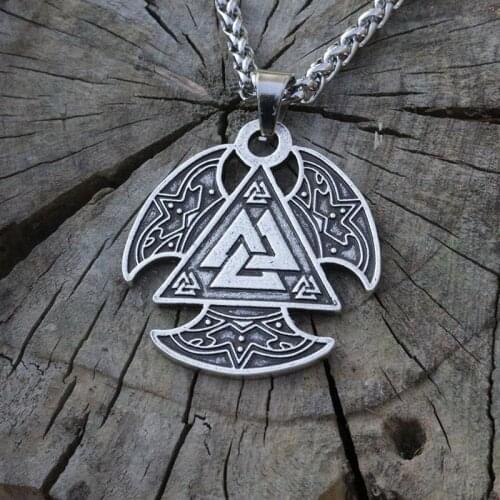 Lanseis 1pcs Vikings Valknut collier pendent Valknut Triple Axe Double Face Vikings scandinaves Nordic Pendentif