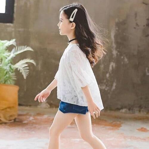 2021 Blouses New Summer Toddler Kids Girls White Shirt Middle sleeve Chiffon Ultra-Thin and Light Cotton Girl Tops Pullover