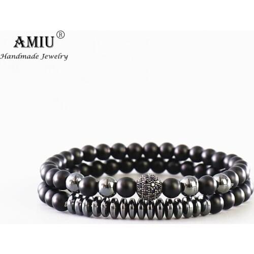 AMIU 2pc/set Natural Stone Hematite Onyx Bead Bracelet Men Micro Pave CZ Disco Ball Charms Bracelets For Women Men Jewelry