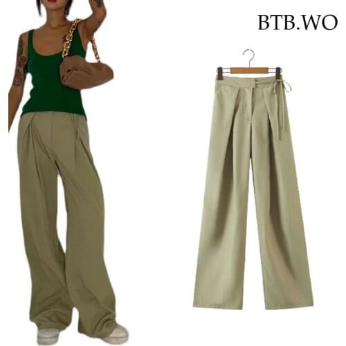 BTB.WO Za 2021 Pants Women Hight Waist Casual Straight-Leg Pant Vintage Autumn Pants Woman Fashion Streetwear laces Trousers