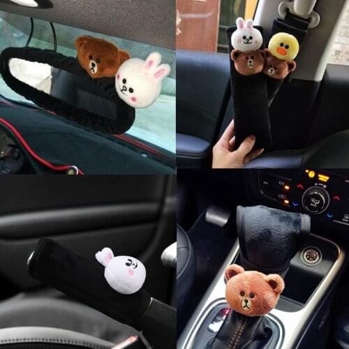 Cute Cartoon Bear Plush Car Sefety Seat Belt Cover Shoulder Pad Hand Brake Gear Shifter Cover Car Styling Interior Accessories