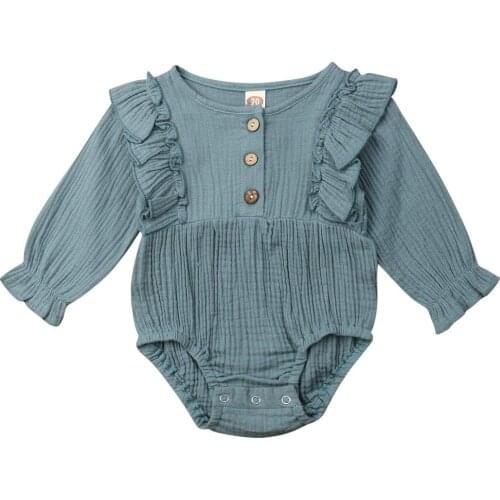 Infant Newborn Baby Little Girls Romper Set Soft Solid Ruffled Long Sleeve O-Neck One Piece Outfit 0-24M