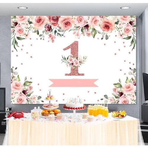 Laeacco 1st birthday backdrop Blooms Flowers Silver Dots Birthday Party Customized Baby Photography Background Photo Studilo