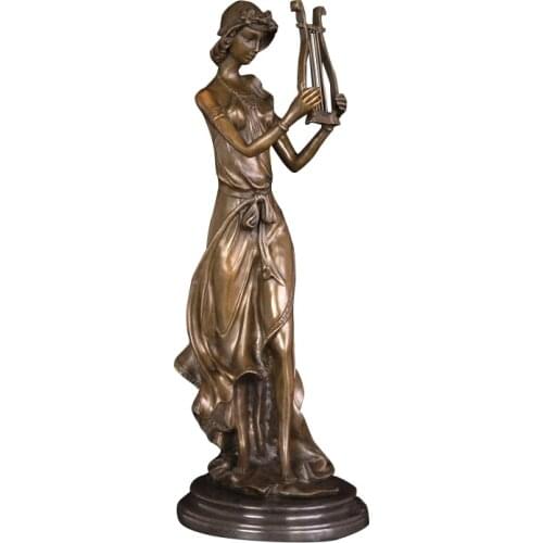 Ivorique DS241 Bronze Classical Sculptures Women with Harp Statues Modern Female Figurines for Home Indoor Decoration Collection