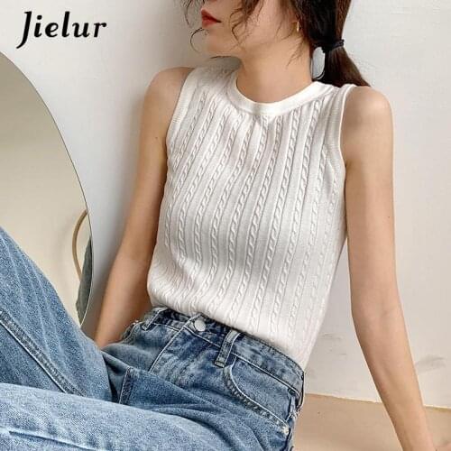 Jielur Women Knitted Tank Tops Female Sleeveless Sexy Tees Shirt O-Neck Slim Female Casual Crop Top for Women Vest Summer 2021