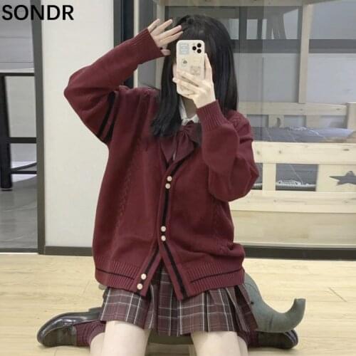 Japanese Kawaii Knit Cardigan Sweater Women Autumn Winter Sweet Cute Uniform Student Sweaters College Style V-Neck Knitting Coat