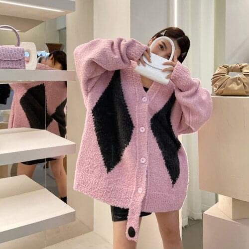 Cardigan Women Winter Sweater Clothes Fashion Streetwear Loose Casual Harajuku Argyle Plaid Vintage Knitted Jacket Outwear Zaful