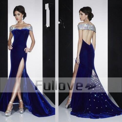 Royal Blue Crystal Beaded Velour Mermaid Evening Dresses Long 2019 Sexy Backless High Side Formal Party Gown Vestido De Festa