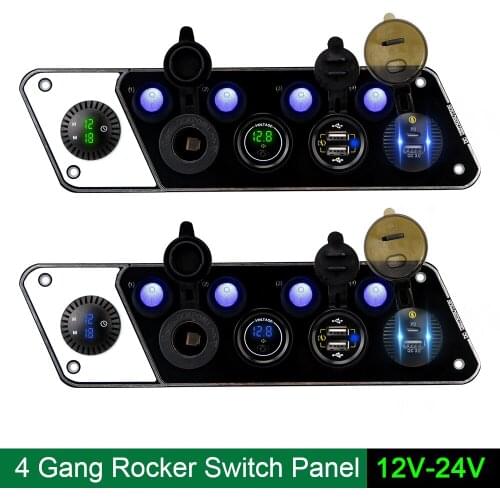 LEEPEE Cigar Lighter 12-24V 36W Digital Voltmeter Clock 4 Gang Switch Panel For Car Marine Charger Socket QC3.0 PD Dual USB