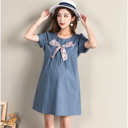 Summer Loose Maternity Jeans Blouse Dress for Casual Solid O-Neck Pregnant Women Dresses Vestidos Pregnancy Clothings Plus Size