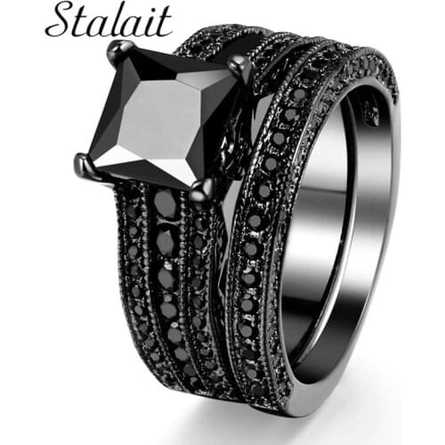 Fashion Big Square Zircon Ring Set Vintage Black Couple Ring Titanium Jewelry Wedding Rings For Women Birthday Gifts