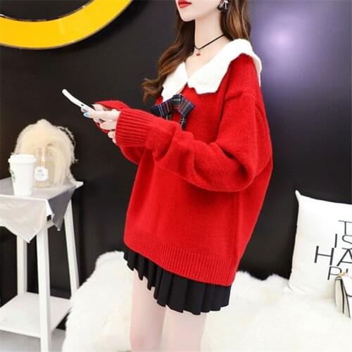 2021 Autumn Winter Women Knitted Sweater Red Kawaii Preppy Style Knitwear Female Casual Plaid Bow Neck Pullovers Jumper Ladies