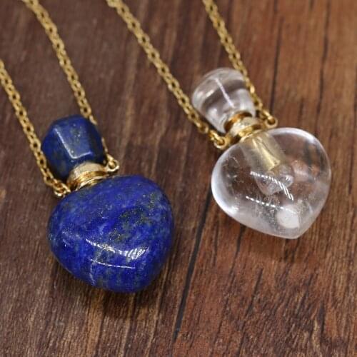 Natural Perfume Bottle Crystal Stone Pendant Necklace Lapis Lazuli Essential Oil Diffuser Charm Copper Chain Jewelry Gift