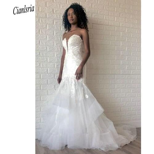 Modest Ruffles Appliques Lace African Long Mermaid Wedding Dress Sweetheart Sleeveless Open Back Bridal Gowns
