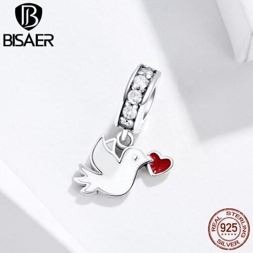 BISAER Love Charms 925 Sterling Silver Romantic Love Messenger Bird Beads White Enamel Charms fit Original DIY Bracelets ECC1227
