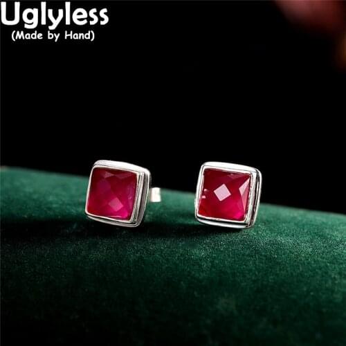 Uglyless Tempting HOT PINK Jewelry 7MM Faceted Agate Black Studs Earrings for Square Earrings 925 Silver Brincos Bijoux