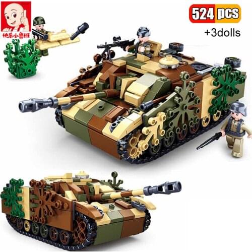 Sluban 524Pcs German Military STUG III Armored Gun Tank Building Blocks Army Soldiers Weapons Model DIY Bricks Toys Boys Gifts