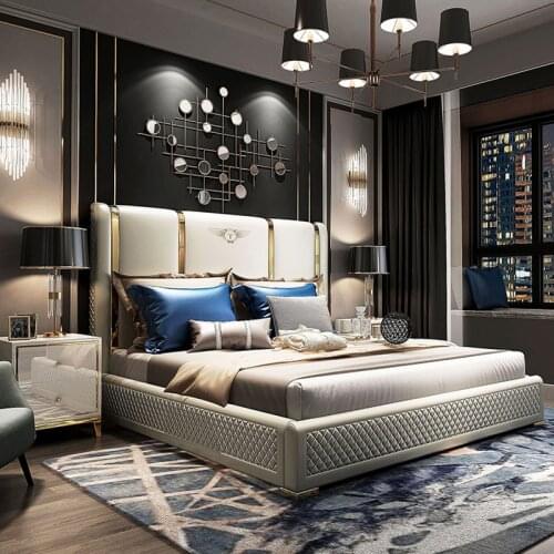 Genuine Leather entry lux bed frame modern Nordic camas ultimate bed кровать двуспальная lit beds سرير muebles de dormitorio ме