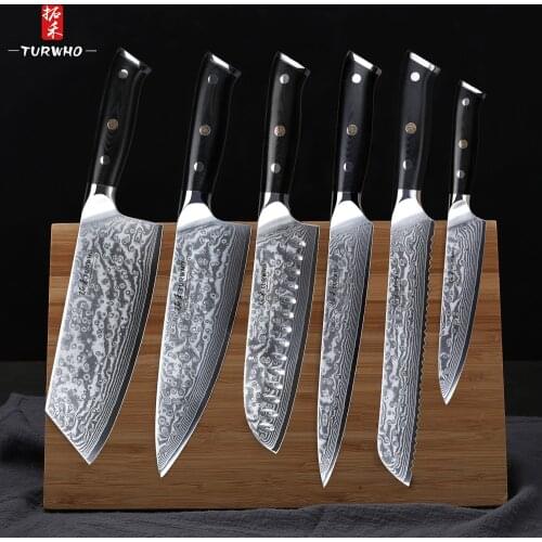 TURWHO 6 Pcs Kitchen Knives Sets High Carbon Japanese VG10 Damascus Steel Chef Santoku Cleaver Bread Utility Knife G10 Handle