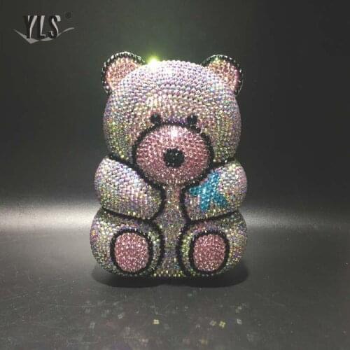 3D Cute Bear Diamond Evening Party Bag Women Clutch Purse Luxury Ladies Wedding Crystals Handbag Silver Blue Yellow 2019