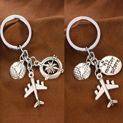 Globe Earth Airplane Compass Keychain No Matter Where Love Travel Keyring Friend Wanderlust Travelers Key Chain Ring Holder Gift