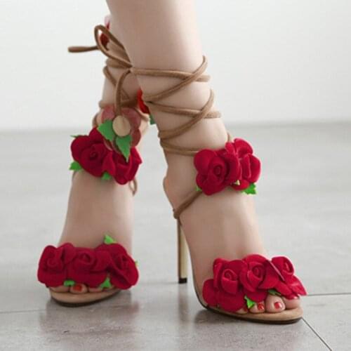 Womens Sandals Summer Rose Flower Cross Tied High Heels Sandals Beach Boots Zapatos Mujer Chaussure Femme Sandalias