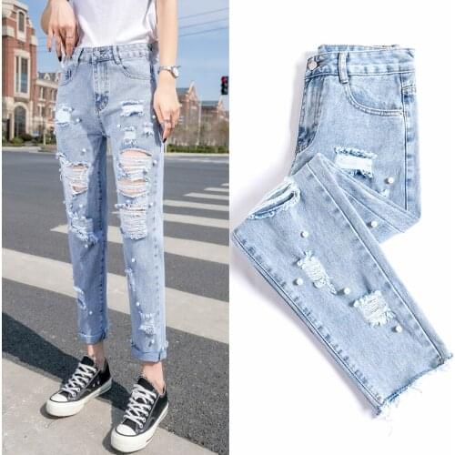 Street Fashion Beading Ripped Hole Denim Pants Womens Summer Female Thin Slim Straight Jeans High Waist Ankle-Length Trousers