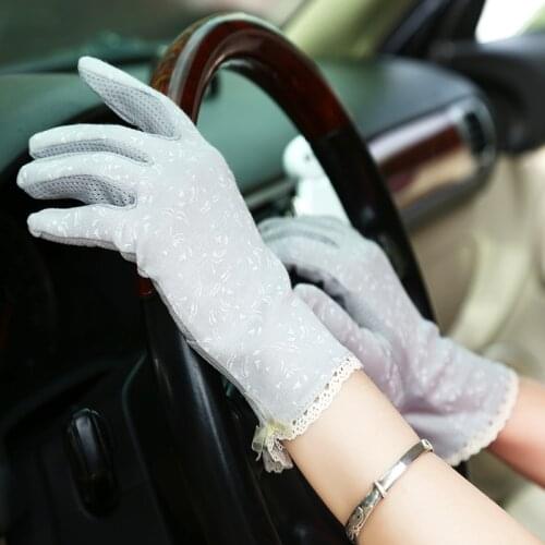 Womens Summer Driving Gloves Car sun protection Cotton Gloves Feather pattern Lace Bow Macrame Anti-slip Touch Screen Gloves