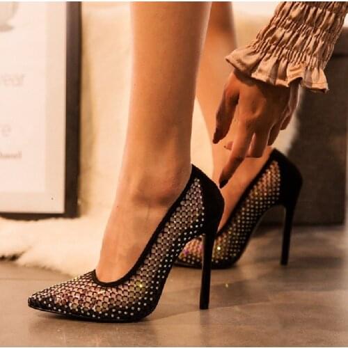 IPPEUM Mesh Stiletto Women Sandals Pointed High Heel Shoes For Women 2021 Black Heels chaussure femme été