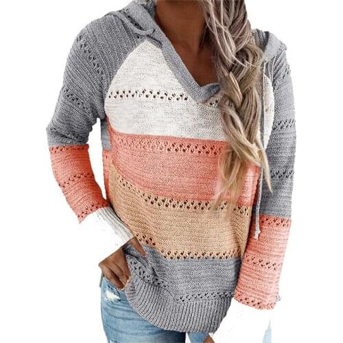 Womens V-neck Hooded Sweater Fashion Contrasting Color Casual Knitwear Long Sleeve Sweater Home Everyday FemaleTop-coat