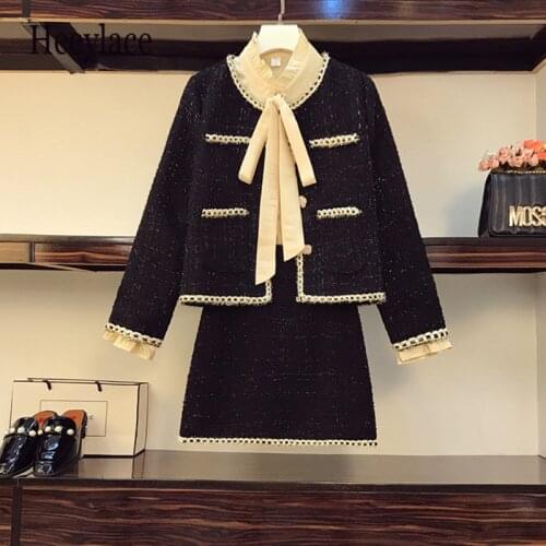Plus size office ladies vintage winter 3 pieces set for women bow collar blouse+fragrant tweed coat+mini skirt sets korean cloth