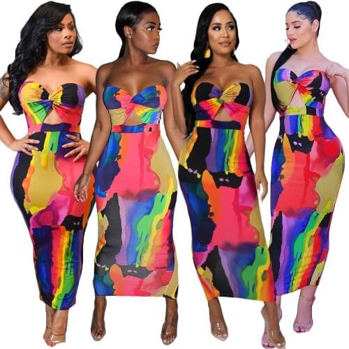 Sexy Tie Dye Strapless Long Dress Women Off The Shoulder Boho Summer Dress Bohemian Goth Sun Dresses Bodycon Fashion Clothes