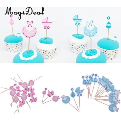 18pcs Baby Shower Baby Carriage Bib Rattle Cupcake Picks Christening Gender Reveal Baby Announcement Cake Topper It'a a Girl/Boy
