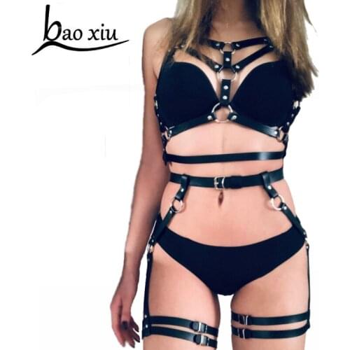 New 2pcs Set Leather Harness Underwear Garter Belts Sexy Women Waist To Leg Body Bondage Cage Straps Chest Garter Bra Suspenders