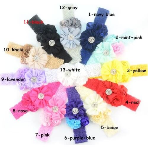 6pcs/lot Lace Headband Girl Chiffon Satin Flower Rhinestone Button Turban Fashion Photo Props 13 Color U Pick FD218