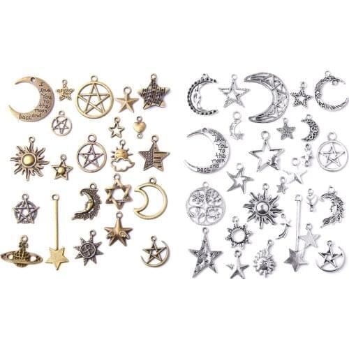 73pcs/set Antique Bronze Silver Color Zinc Alloy Mixed Styles Sun Moon Stars Charms Pendant for DIY Jewelry Making Accessories
