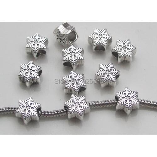 Free shipping 50pcs11x11x7mm anitique silver plated alloy big hole beads snowflake charms fit European bracelet necklace DIY