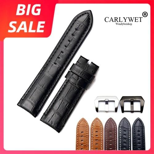 CARLYWET 22 24mm TOP Black Luxury Watch Band Real Leather Handmade Thick Replacement Wrist Strap Belt Screw Buckle For Panerai