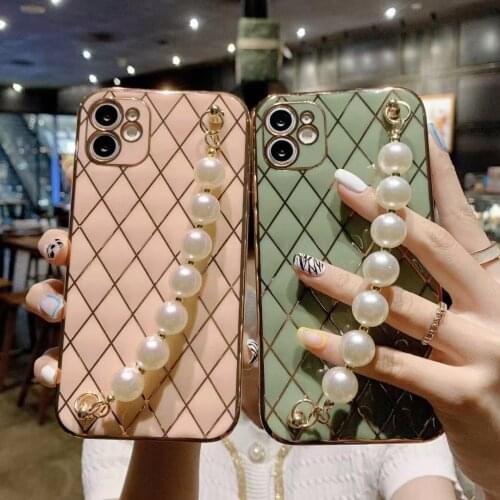 Gimfun Glitter Chain Stripe Lattic Phone Case for iPhone 12 11 Pro Max XS Max X XR 7 8 Plus 12pro Pearl Wristband Soft Tpu Case