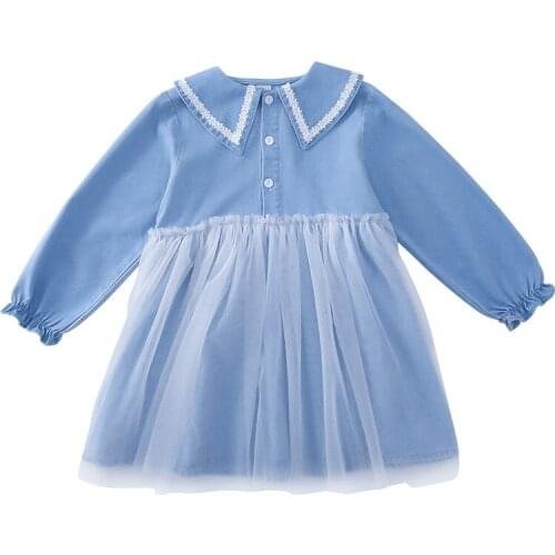 YourSeason Fashion Kids Girls Jeans Dress Turn-down Collar Patchwork Long Sleeve Princess Girl Lace Cotton Dresses Clothing
