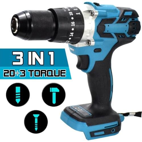 Brushless Electric Hammer Drill Electric Screwdriver Cordless Impact Drill 3 in 1 13mm 20+3 Torque for Makita Battery 18V