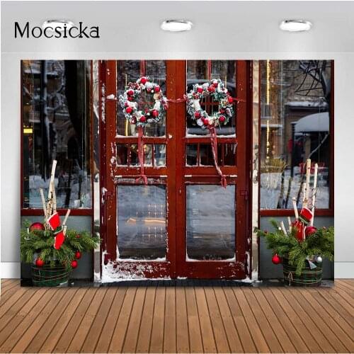 Christmas Store Portrait Backdrop for Photography Winter Snow Windows Wreath Background for Photo Studio Newborn Kids Portrait