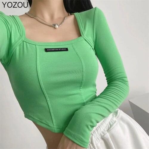 YOZOU Y2k T Shirt Women 2021 Crop Top Fairy Grunge Punk Long Sleeve Solid Green Black Gray White Slim Bodycon Square Collar