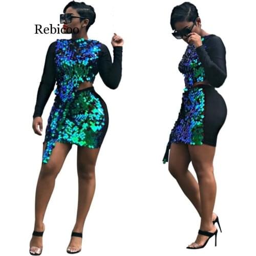 Sexy Sequin Two Piece Set Women Party Irregular Crop Pullover And Skirt Set Sequined Autumn Patchwork Glitter Club Outfits