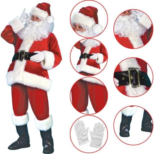Adult Santa Claus Costume Suit Plush Father Fancy thanks Xmas Cosplay Props Men Coat Pants Beard Belt Hat Christmas 7Pcs Set